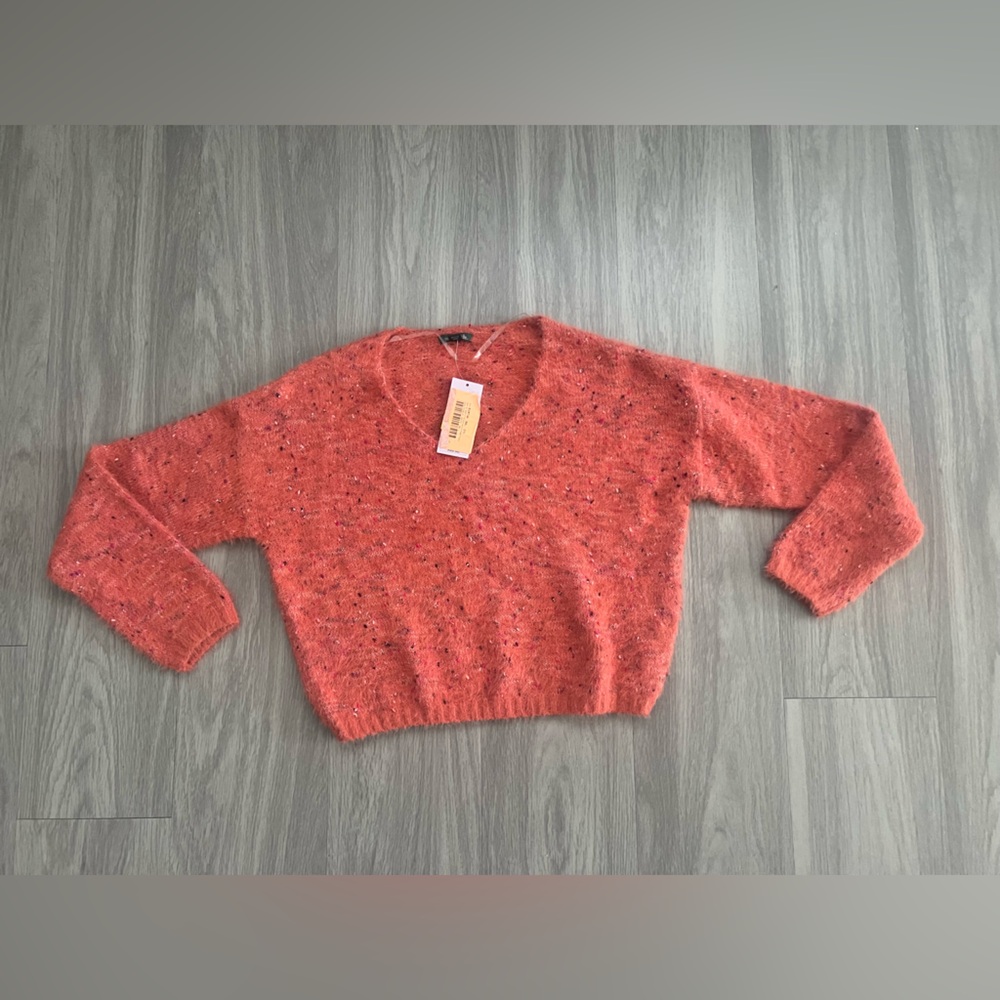 Wild Fable Cropped Sweater Size S Coral Speckled Fuzzy V-Neck Soft Cozy NWT